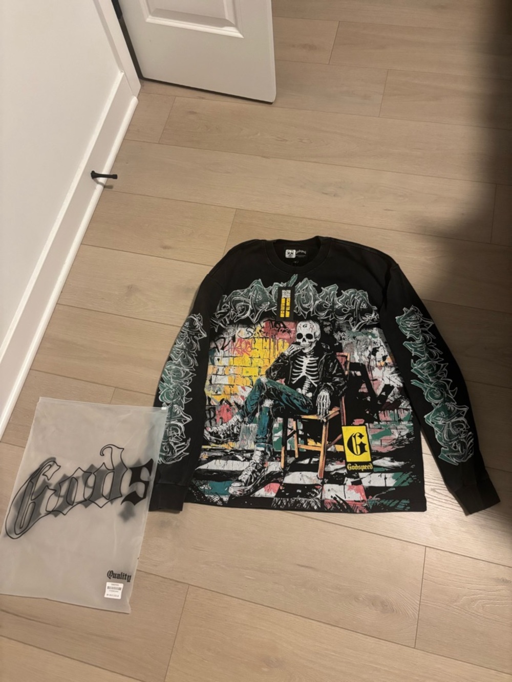 Black Graphic Crewneck Sweater with Skeleton Motif